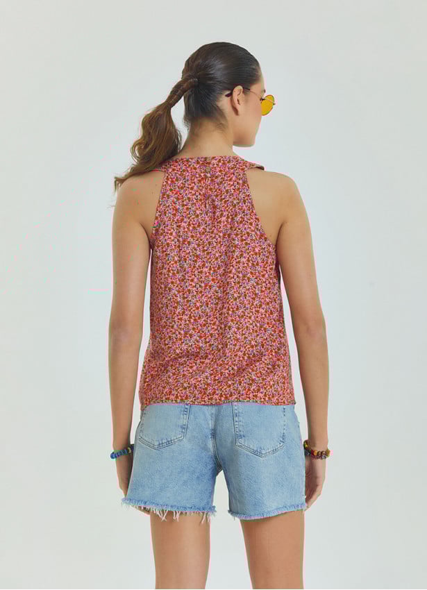 Halter Neck Button Detail Pleated Pink Floral Blouse 4675